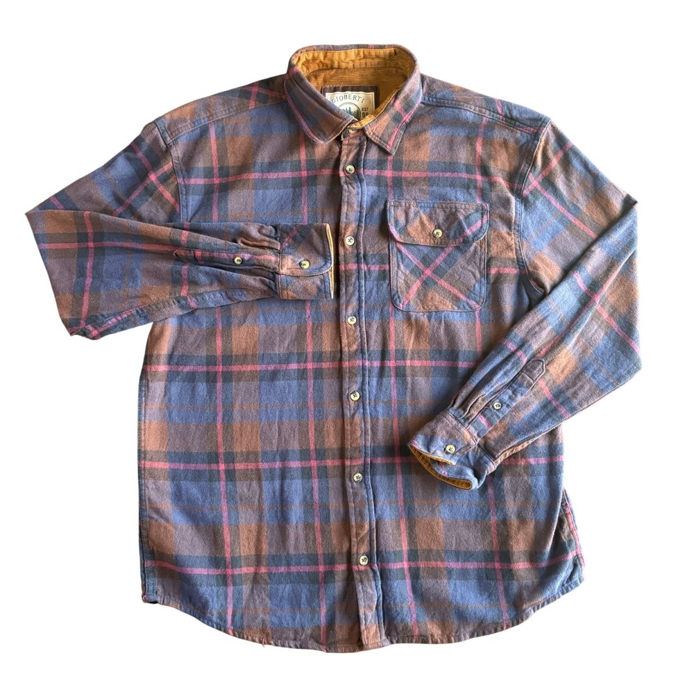 GIOBERTI Mens Long Sleeve Plaid Flannel Shirt Button‎ Up Size L Brown Blue Pink